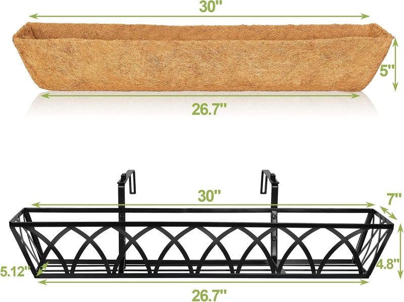 HFHOME 2 قطع 30" صندوق نافذة زراعة مع بطانات جوز الهند، سلال زهور معدنية سوداء معلقة للداخل والخارج، الشرفة، المدخل، السياج، الفناء، والعشب - Image 3